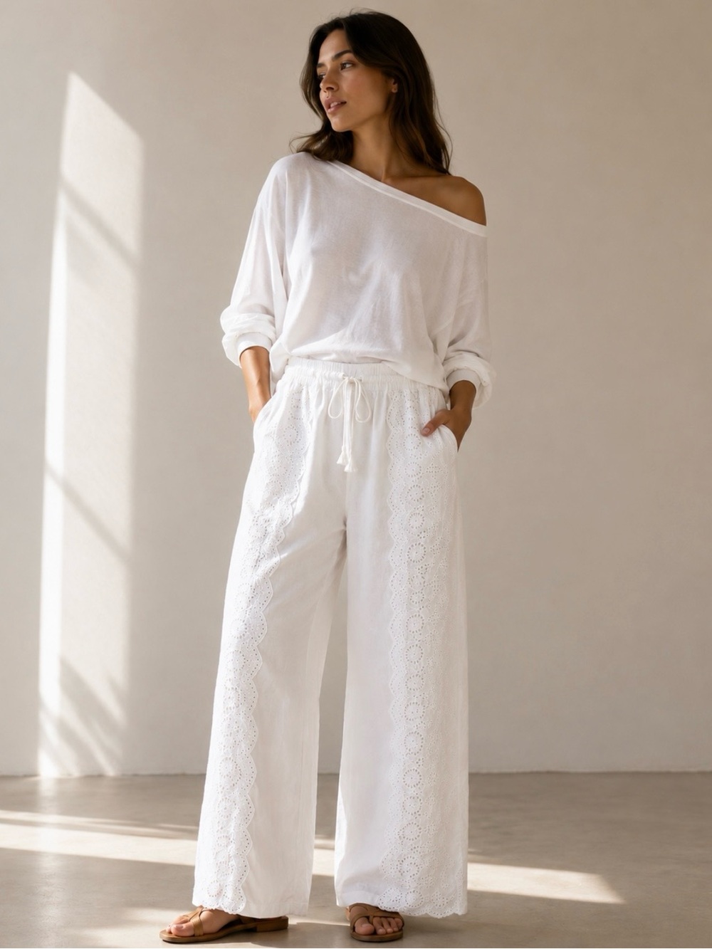 Sundance Lace Trim Wide Leg Elastic Waist Lined Pants Size S - Picture 1 of 12